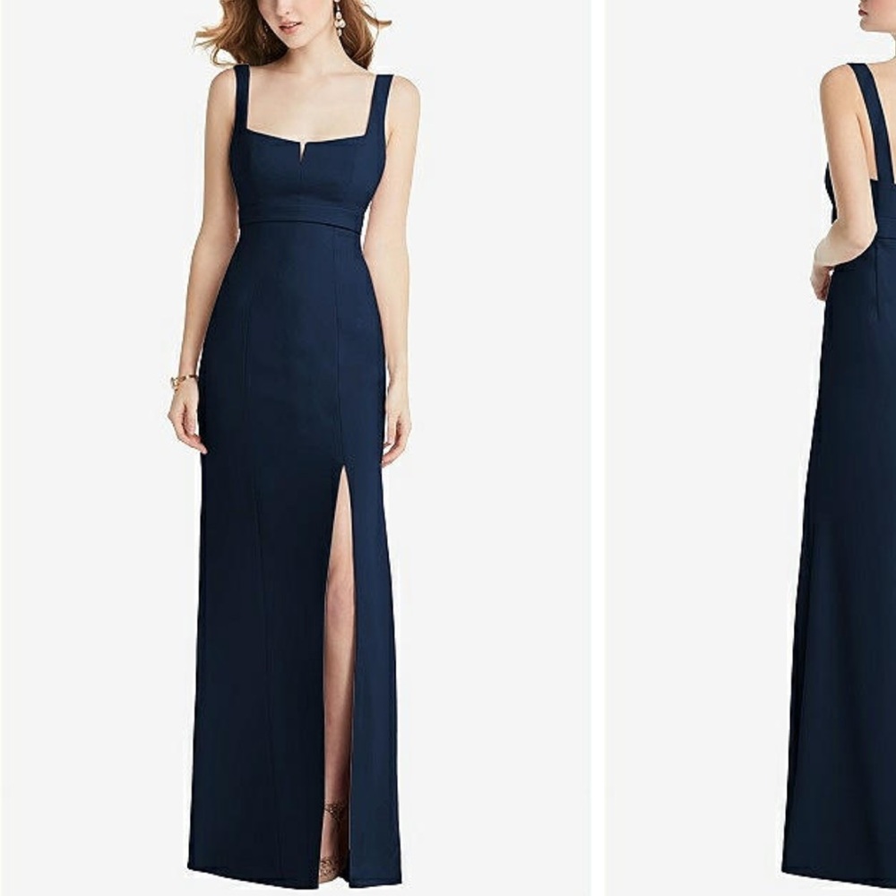 After Six Wide Strap Notch Empire Waist Front Slit Bridesmaid Dress Navy, Sz 18